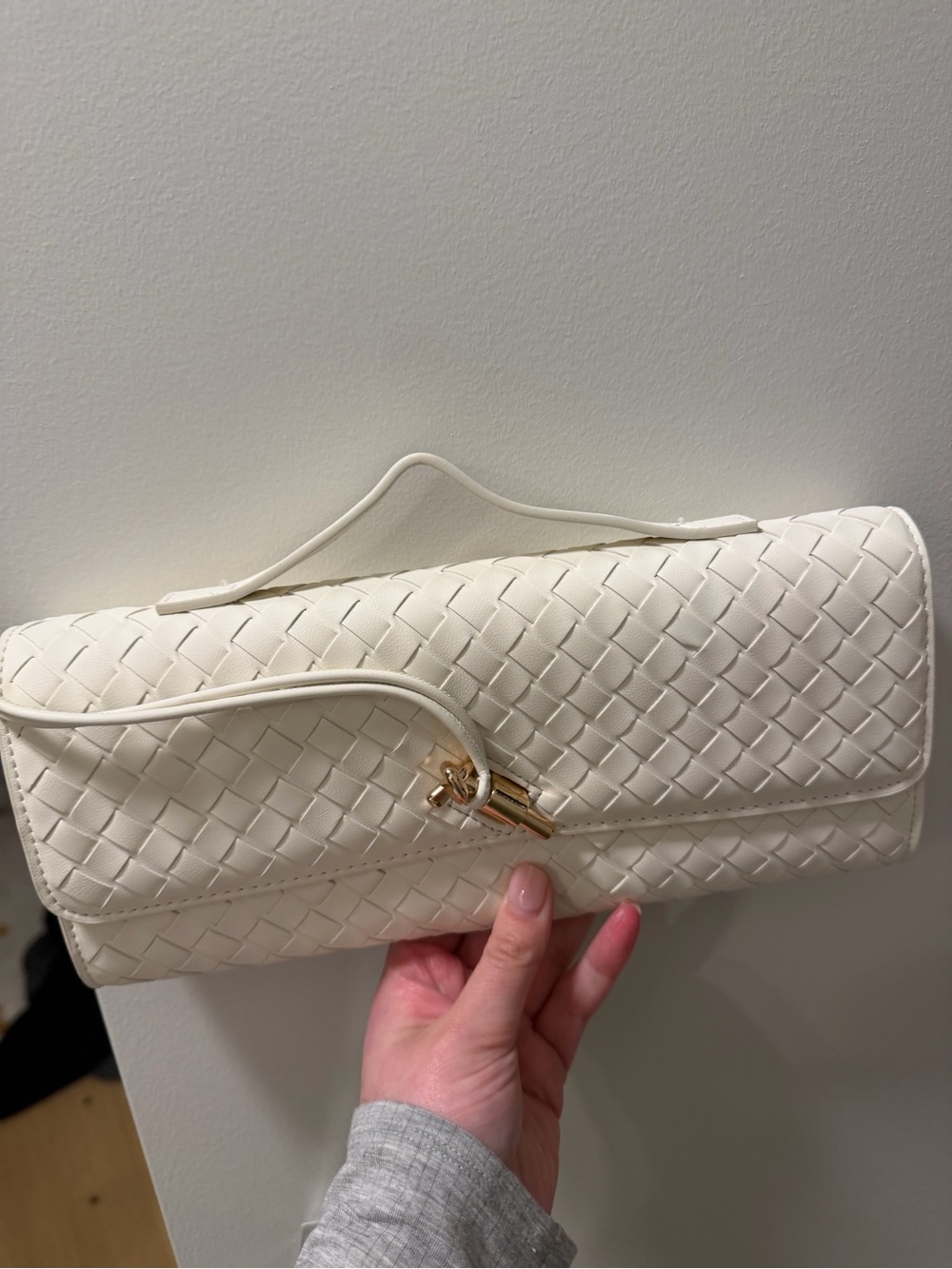 Bottega inspired White Woven Clutch Handbag with Gold Accent